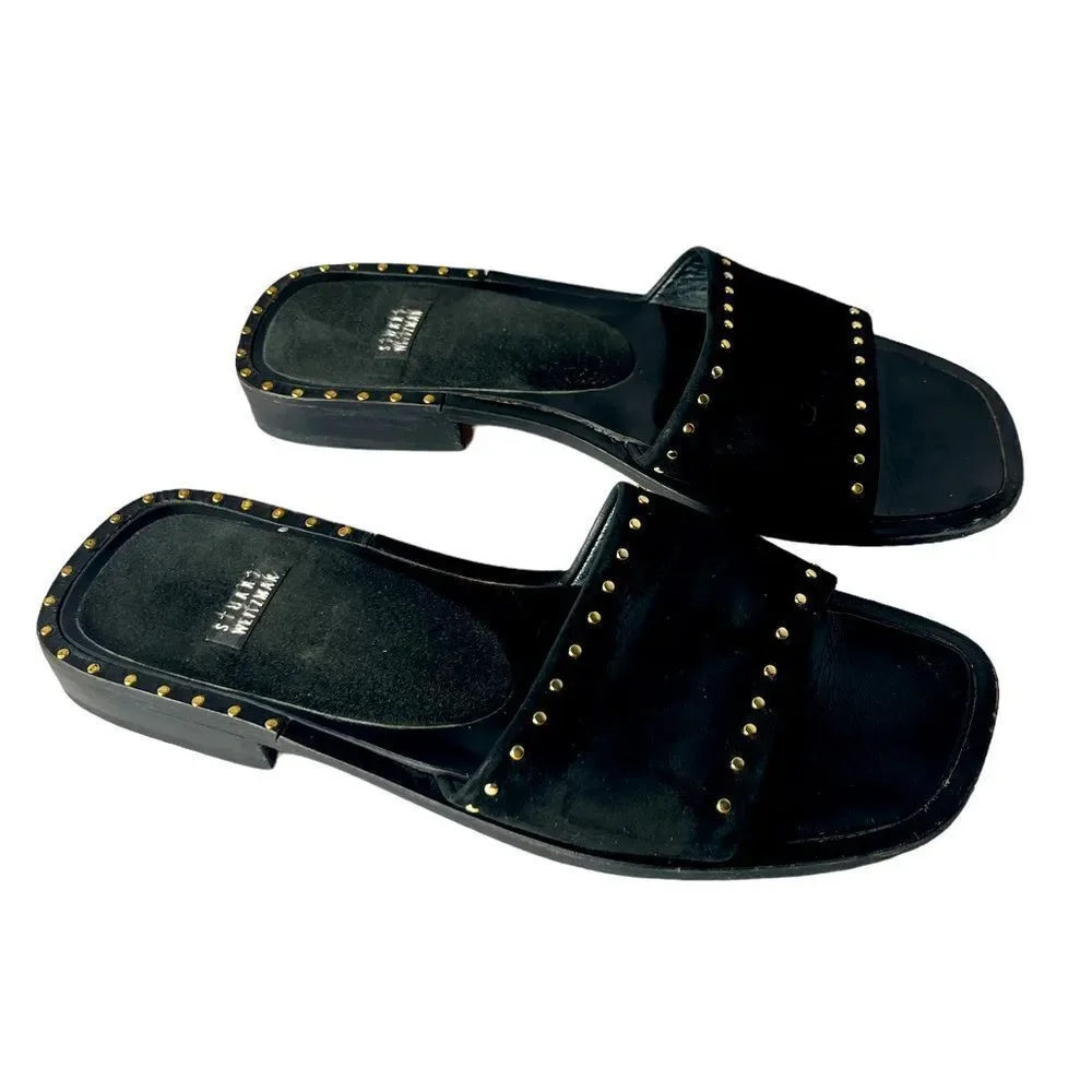 Stuart Weitzman Gorgeous Black Suede Slides Embellished in Gold Grommets Sz 5